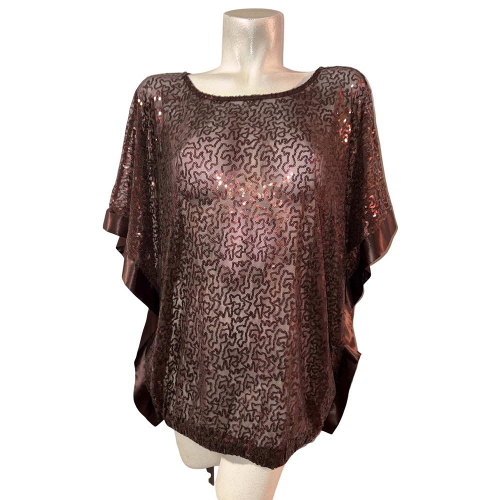 Chico's Brown Sequin Mesh Poncho Top Sheer Kaftan Blouse Satin Trim Size L/XL